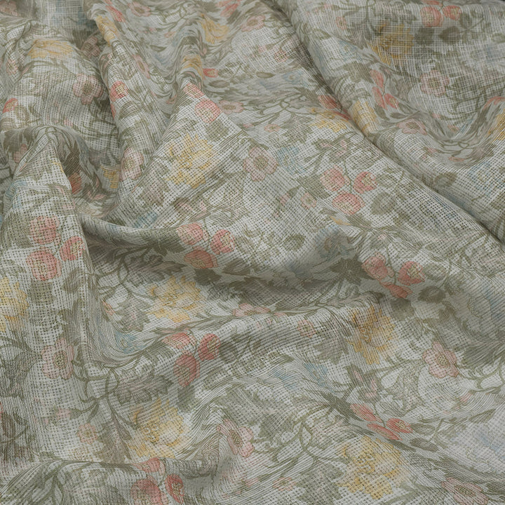 Classy Floral Velly Kota Doria Fabric Material with Decorative Leaves