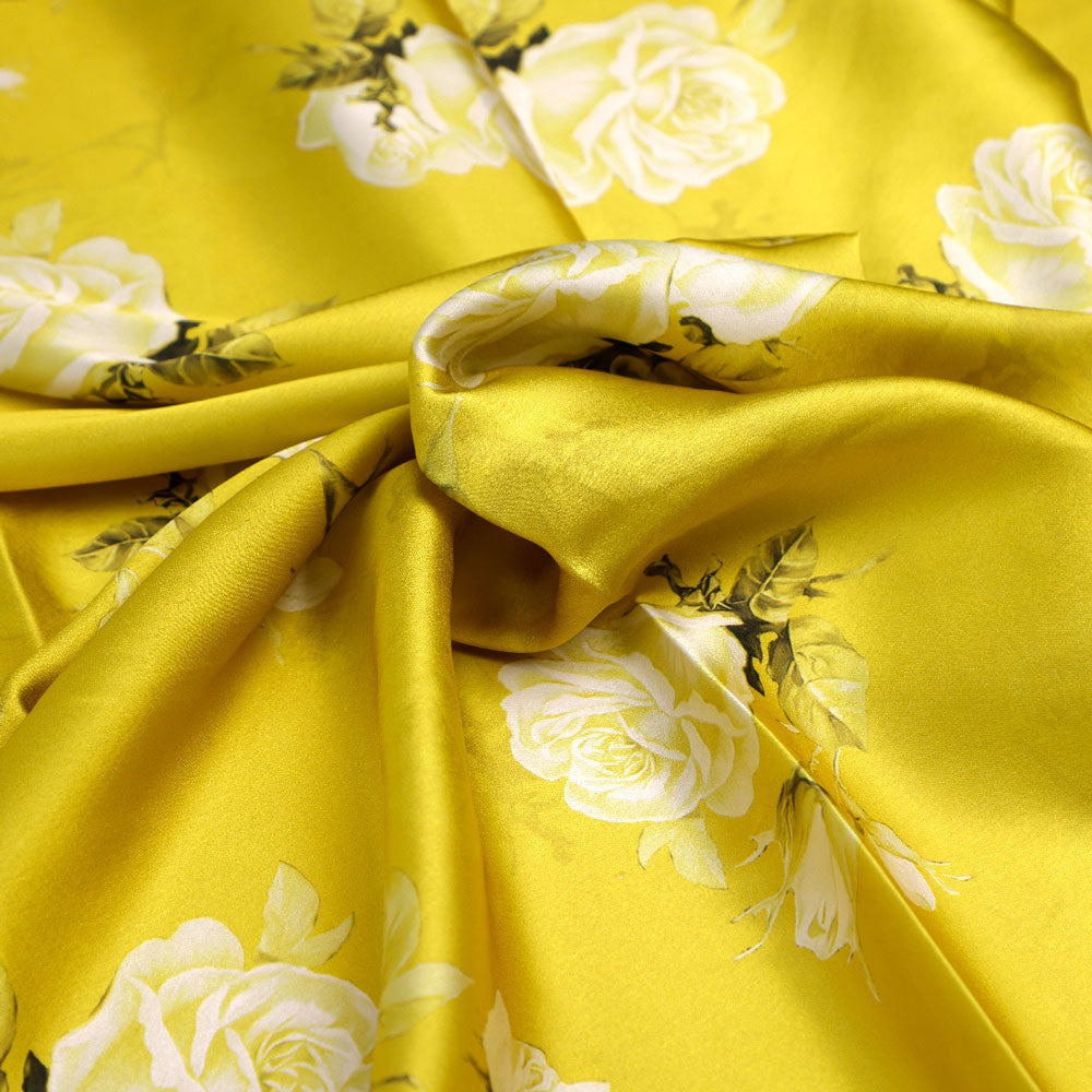 Classy Yellow Floral Digital Printed Japan Satin Fabric – FAB