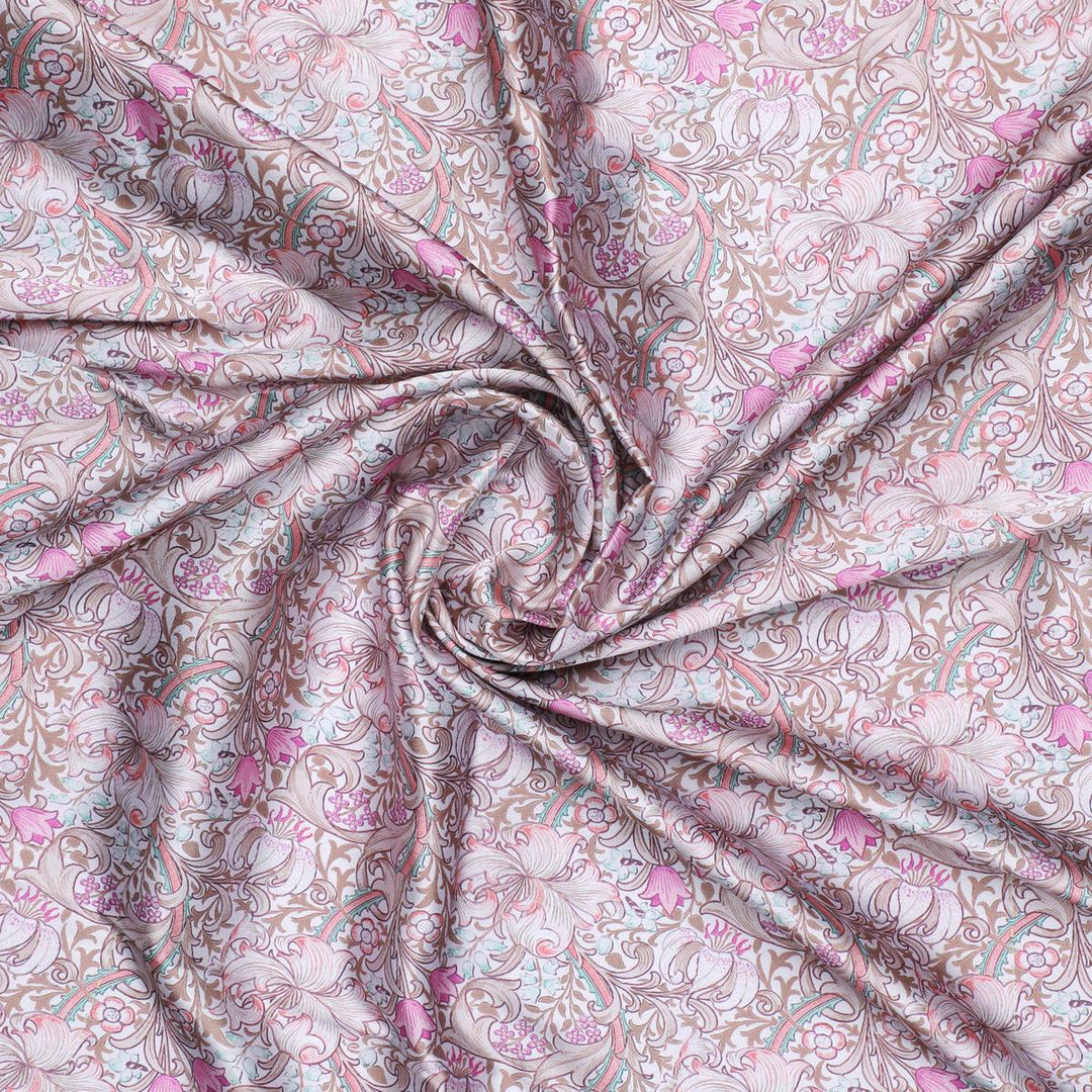 Festive Curve Design Pink Doted Flower Digital Printed Fabric - Japan Satin - FAB VOGUE Studio®