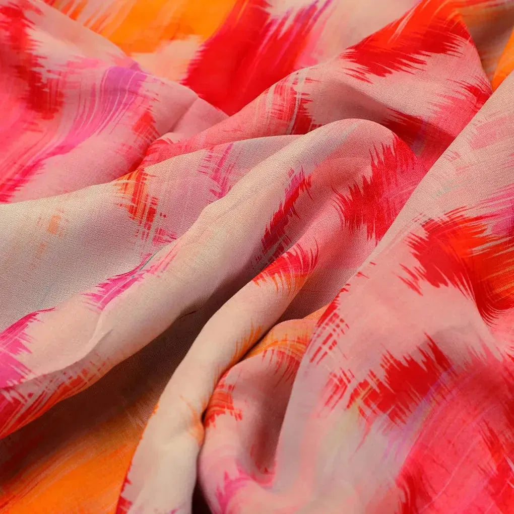 Digital Printed Chiffon Fabric Pink, Red, Abstract Brushstroke