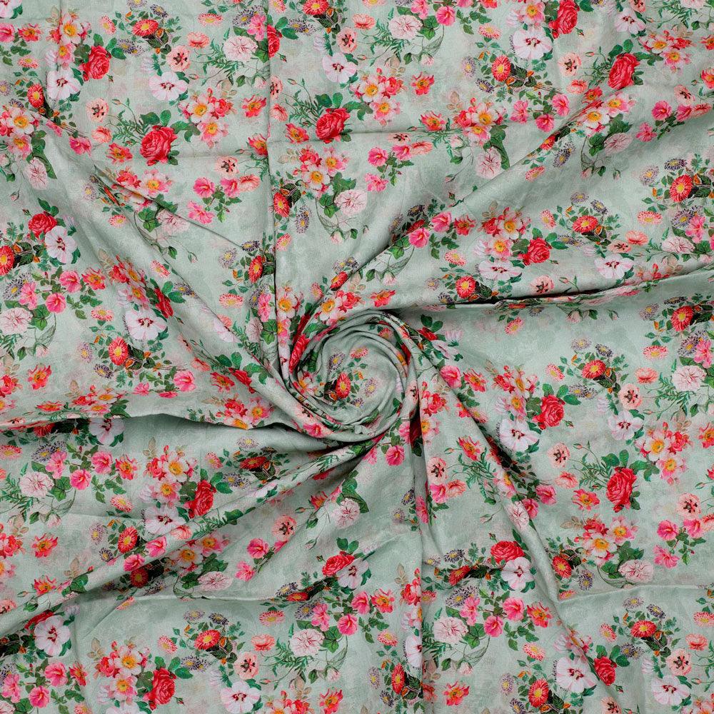 White Daisy With Red Roses Floral Digital Printed Fabric - Pure Cotton - FAB VOGUE Studio®