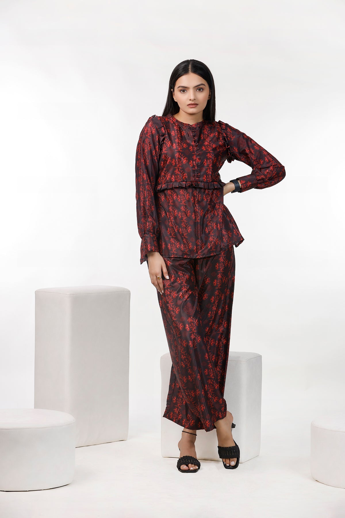 Black & Red Floral Wide Leg Trousers & Contrast Ribbed Vest Co-Ord Set