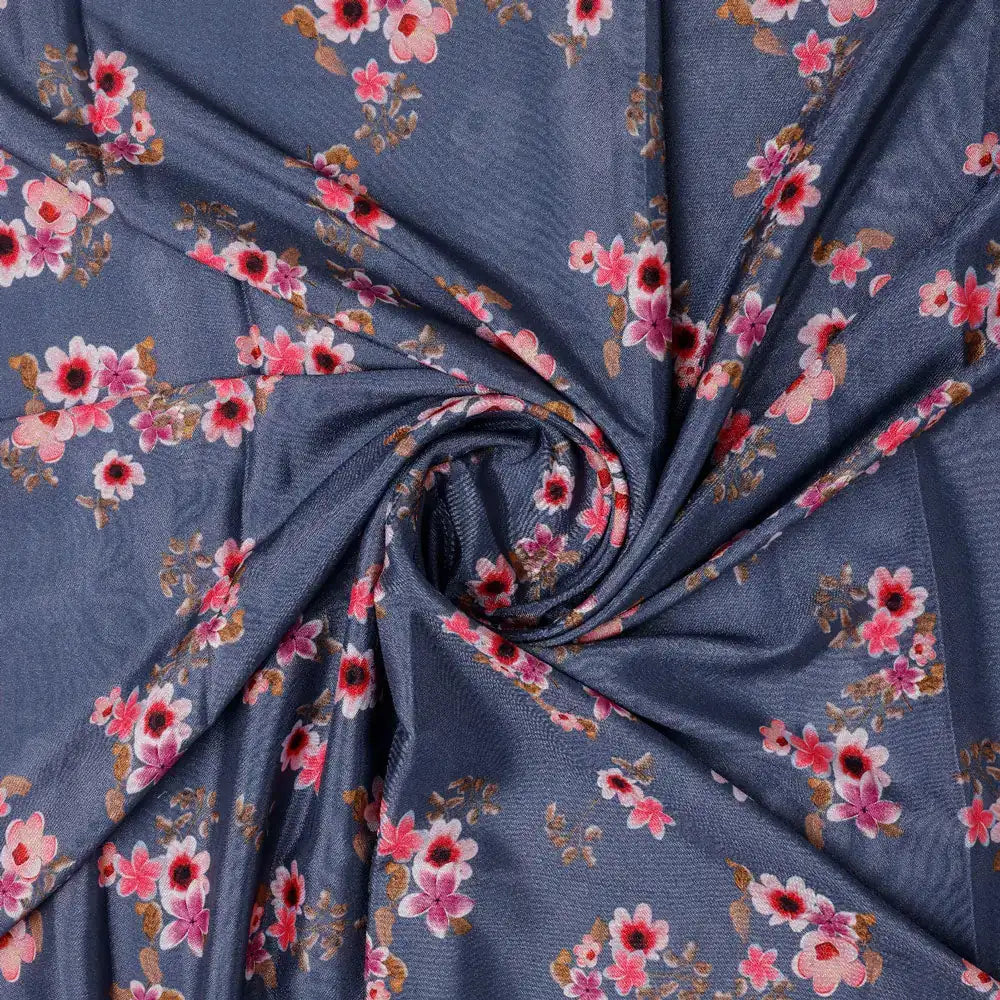 Pinkish Flowers With Neavy Blue Digital Printed Fabric - Japan Satin – 006 a