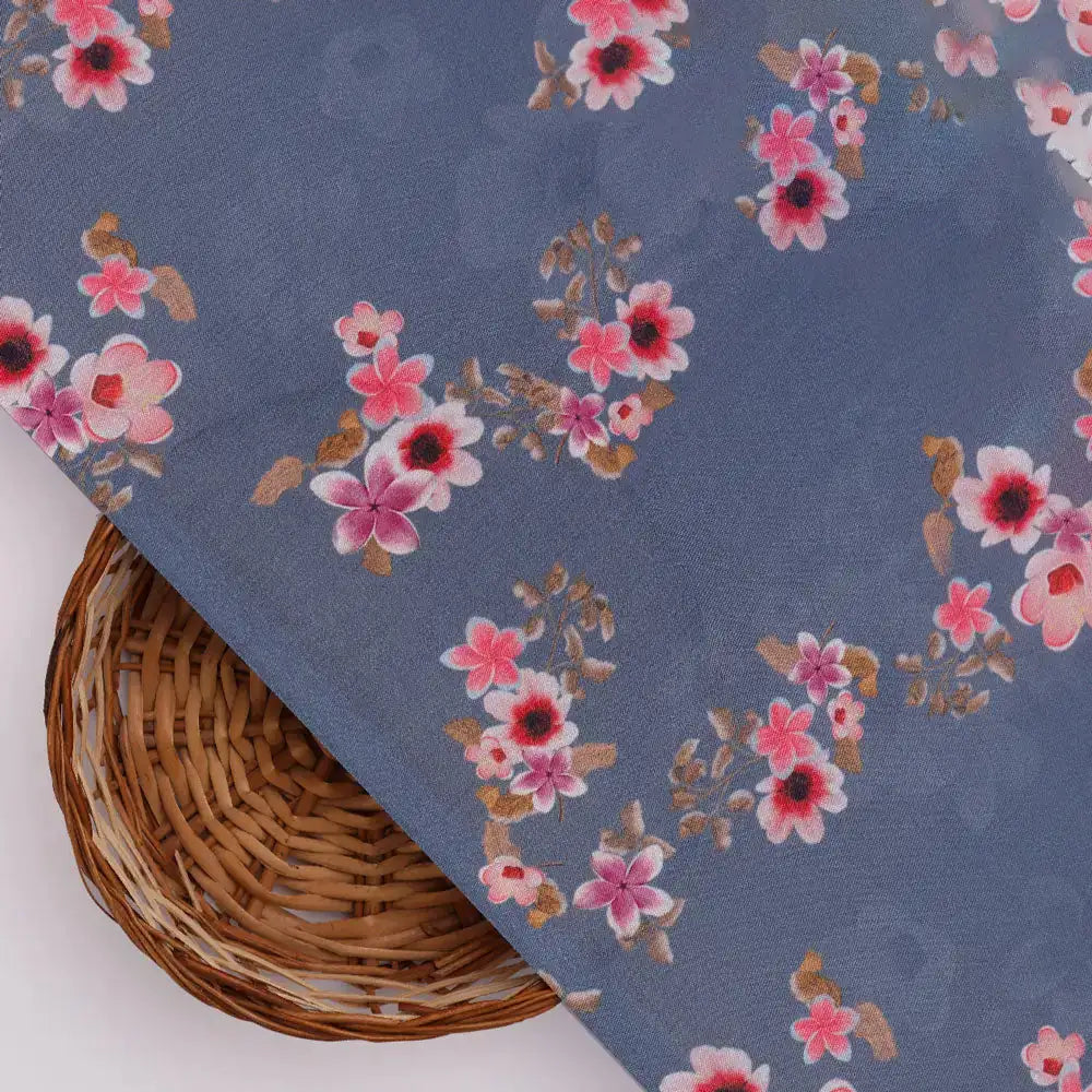 Pinkish Flowers With Neavy Blue Digital Printed Fabric - Japan Satin – 006 b