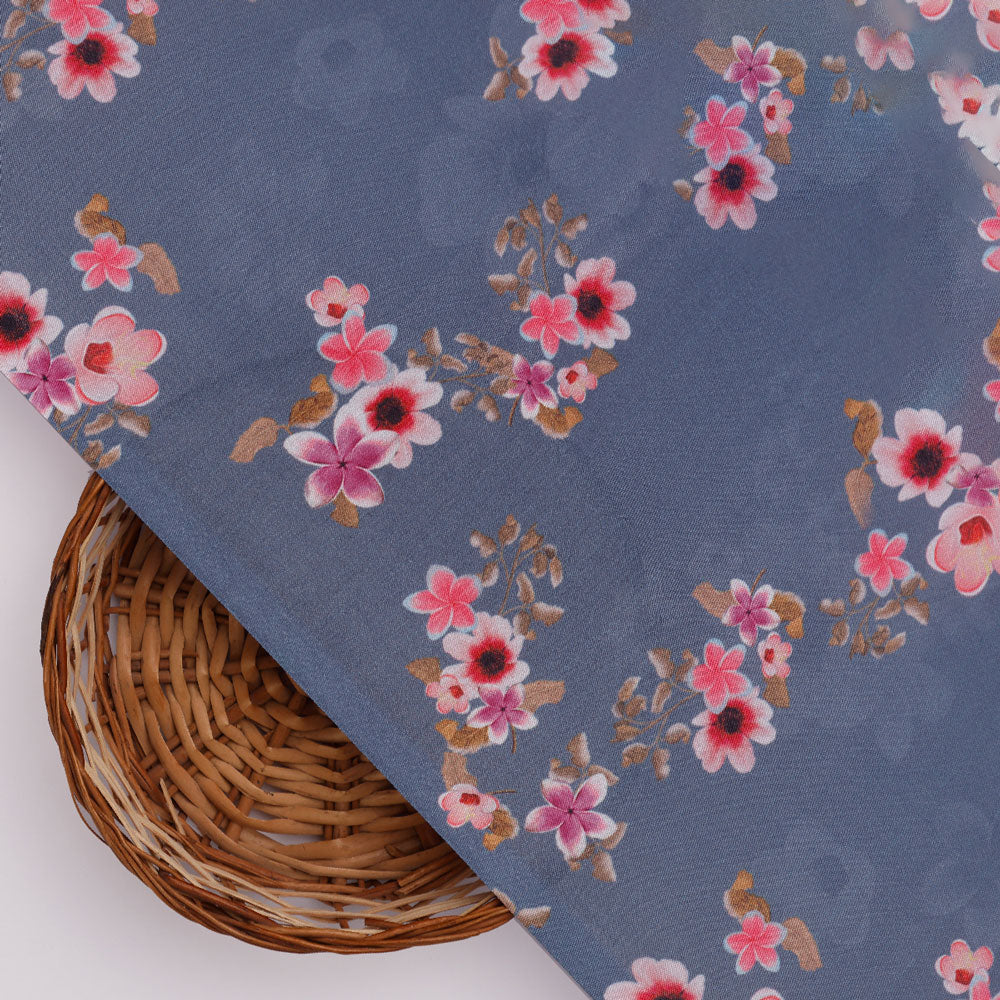 Pinkish Flowers With Neavy Blue Digital Printed Fabric - Japan Satin