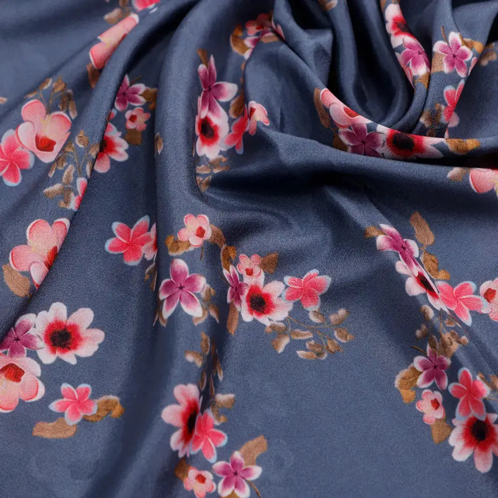 Pinkish Flowers With Neavy Blue Digital Printed Fabric - Japan Satin – 006 c
