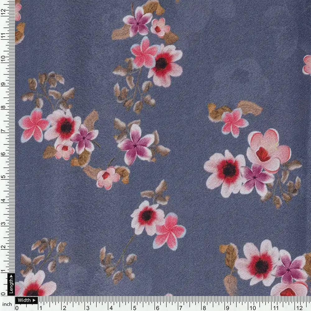 Pinkish Flowers With Neavy Blue Digital Printed Fabric - Japan Satin – 006 d