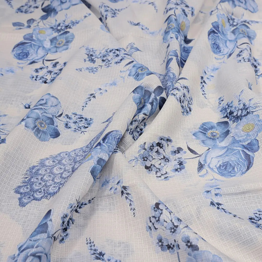 Gorgeous Peacock and Flower Print on Kota Doria Digital Fabric Material – 0l2a0372copy