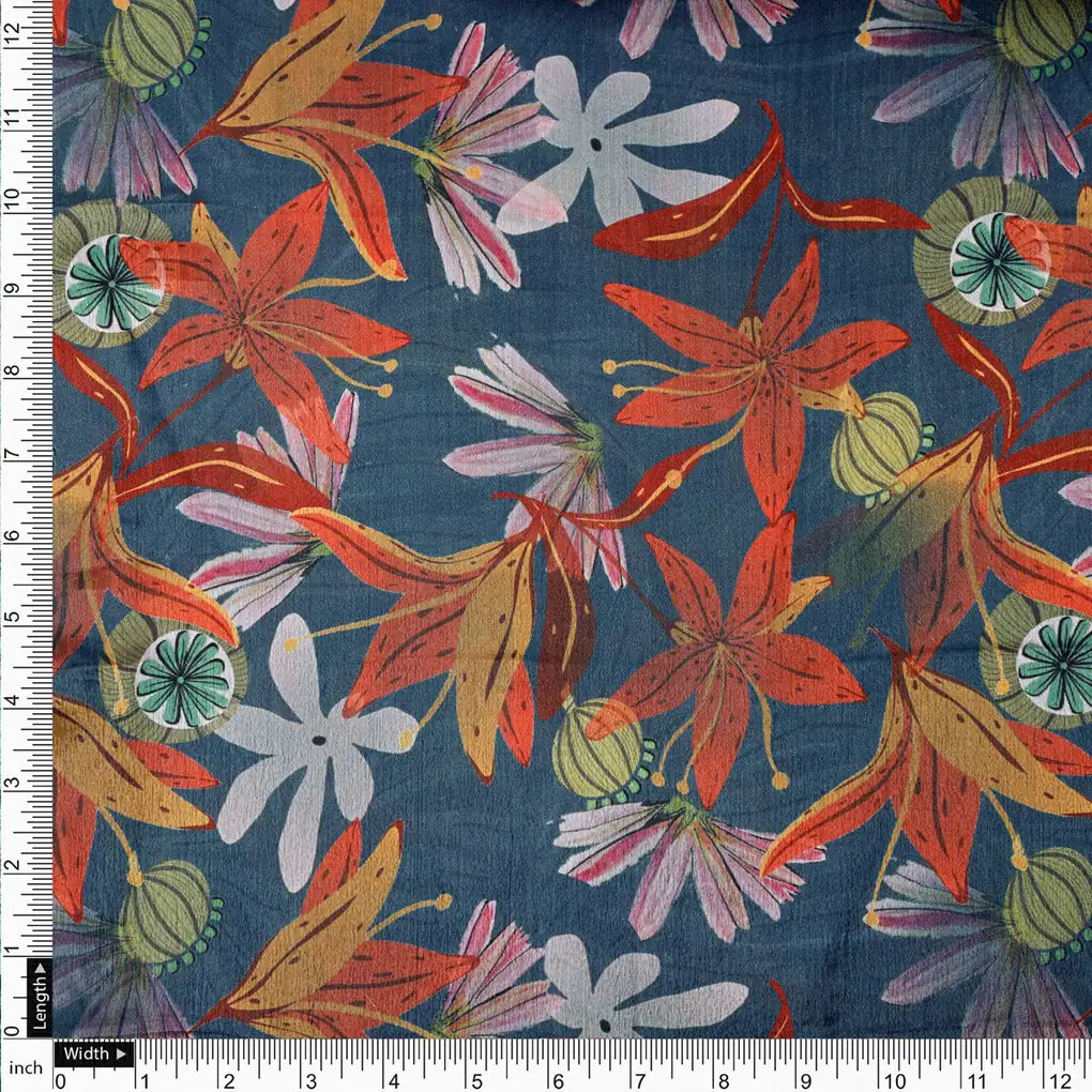 Teal Blue & Orange Autumnal Floral Printed Chinon Fabric – 0l2a0376 copy