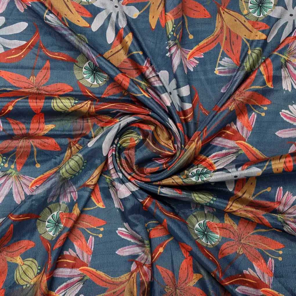 Teal Blue & Orange Autumnal Floral Printed Chinon Fabric – 0l2a0377 copy