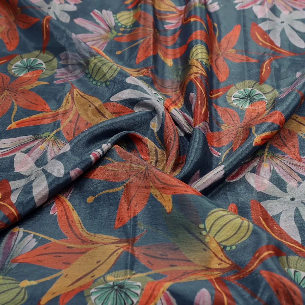 Teal Blue & Orange Autumnal Floral Printed Chinon Fabric – 0l2a0378 copy