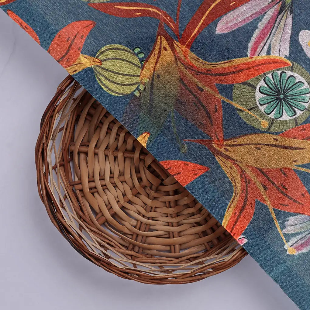 Teal Blue & Orange Autumnal Floral Printed Chinon Fabric – 0l2a0379 copy