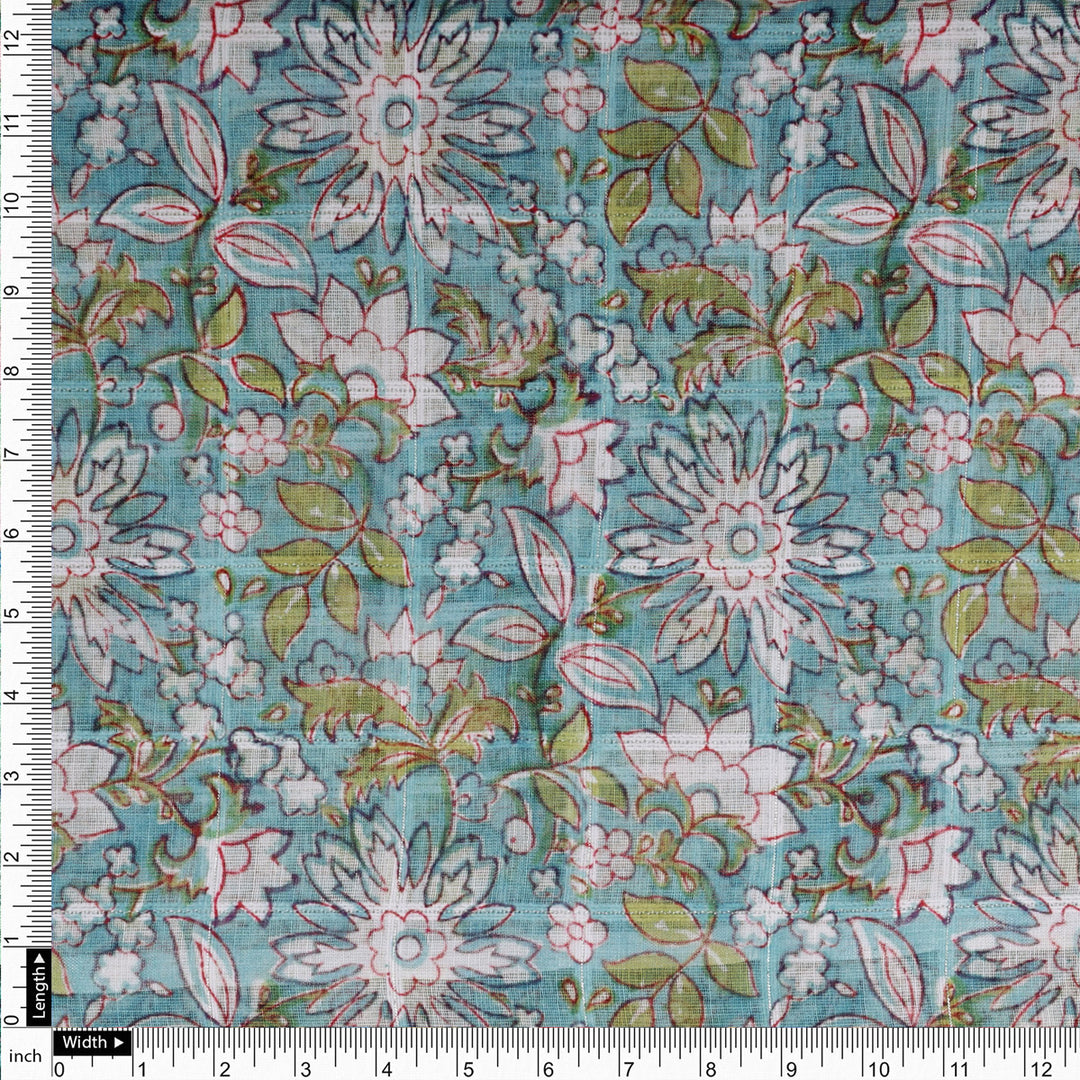 Beautiful Green and White Floral Digital Printed Linen Fabric