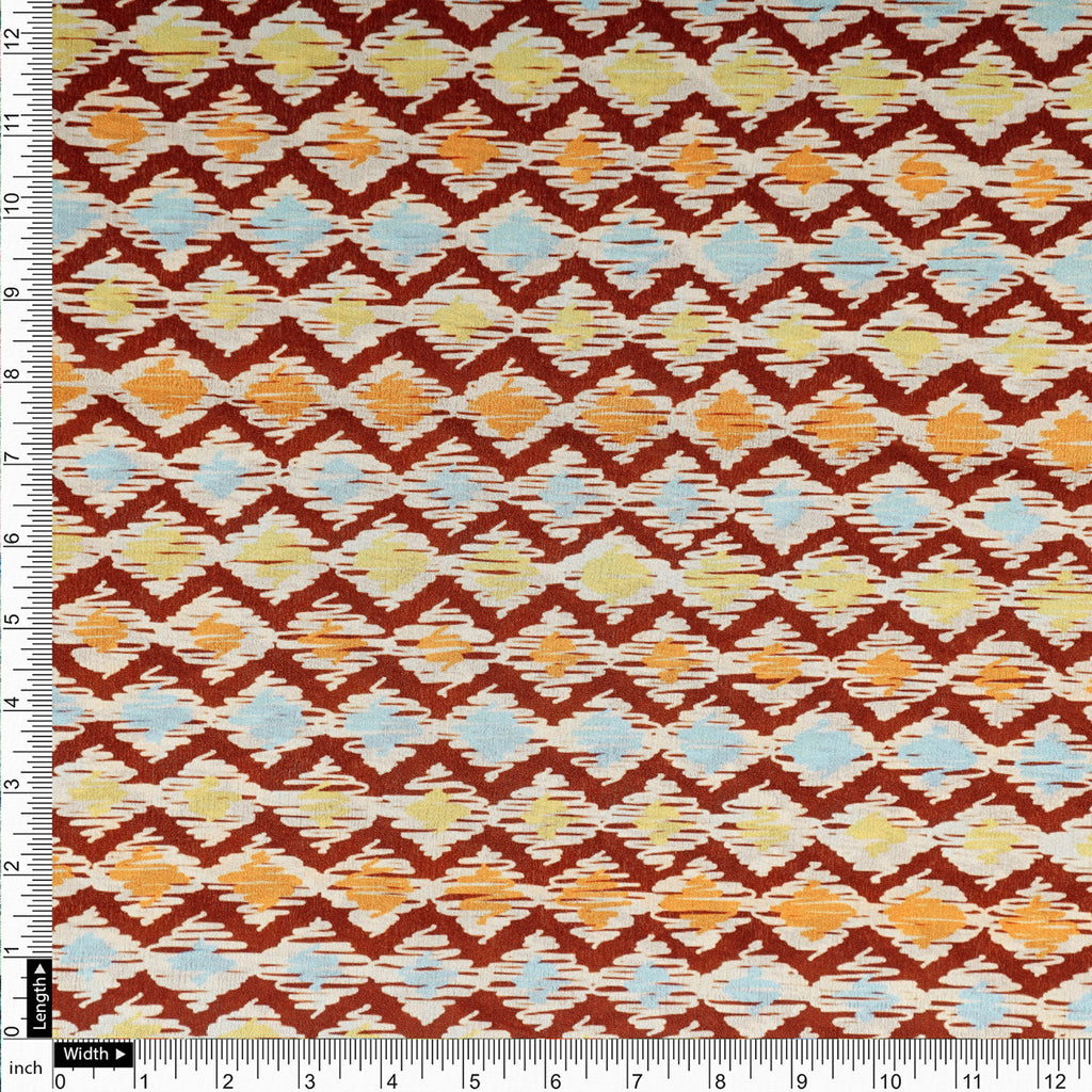 Maroon and Multi Ikat Zigzag Pattern Chinon Fabric