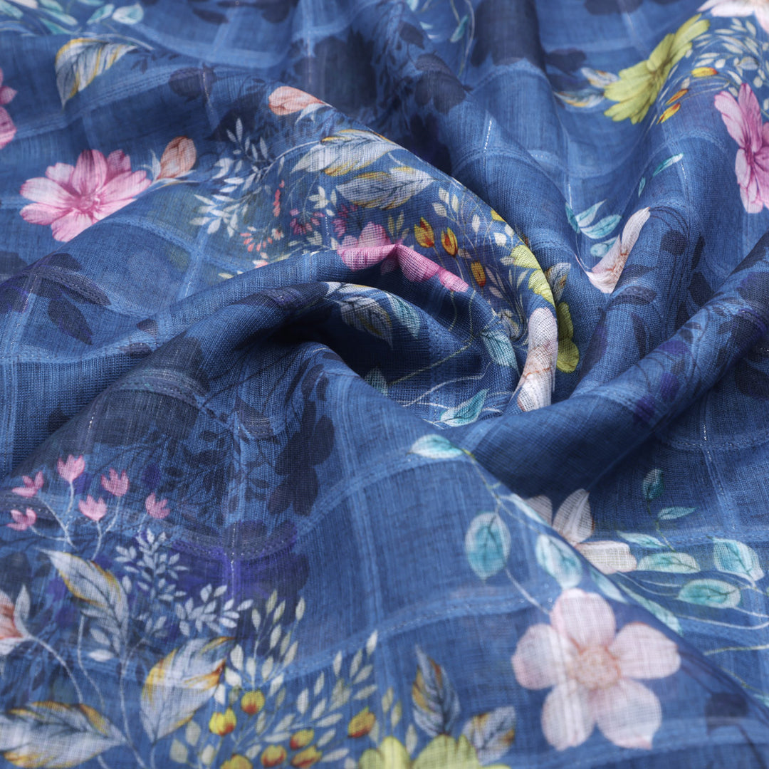 Gorgeous Multicolor Floral Linen Fabric with Intricate Leaf Design