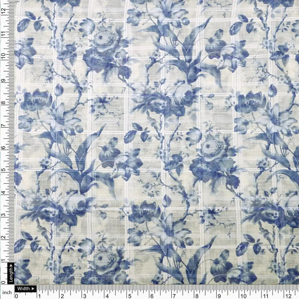 Gorgeous Linen Fabric Awash in Blue and Cream with Enchanting Floral and Leaves Print – 0l2a0438copy