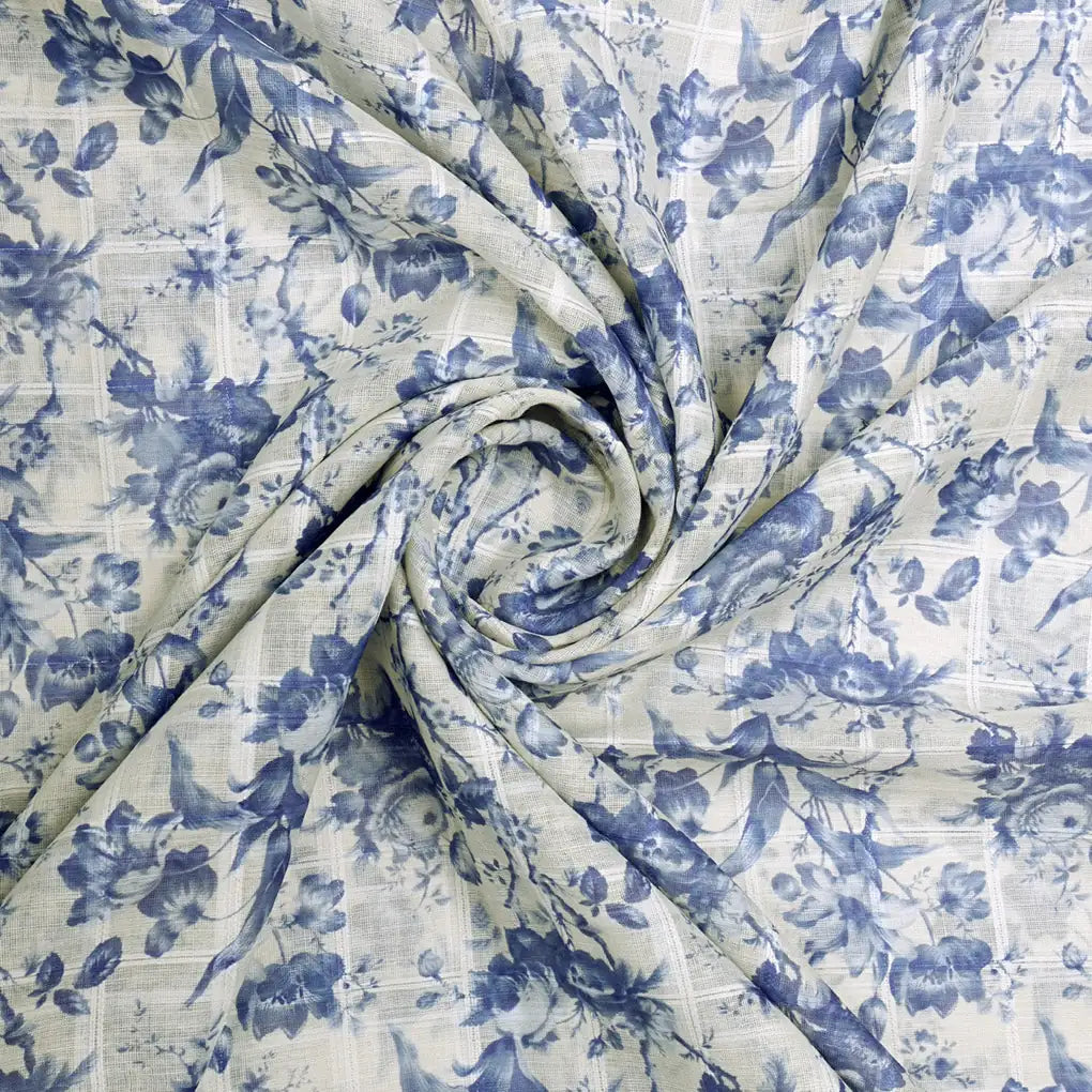 Gorgeous Linen Fabric Awash in Blue and Cream with Enchanting Floral and Leaves Print – 0l2a0439copy