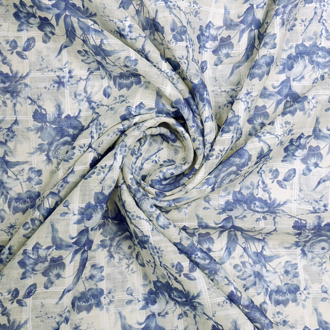 Gorgeous Linen Fabric Awash in Blue and Cream with Enchanting Floral and Leaves Print