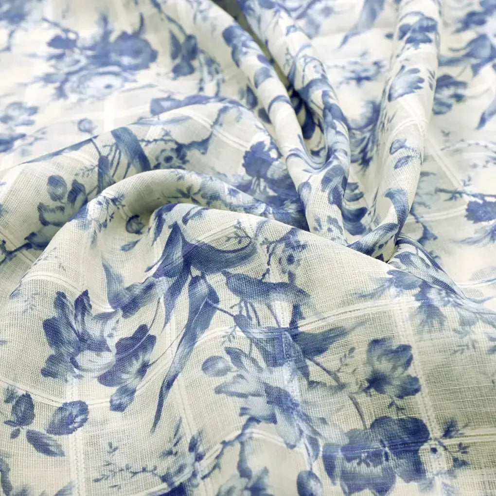 Gorgeous Linen Fabric Awash in Blue and Cream with Enchanting Floral and Leaves Print – 0l2a0440copy