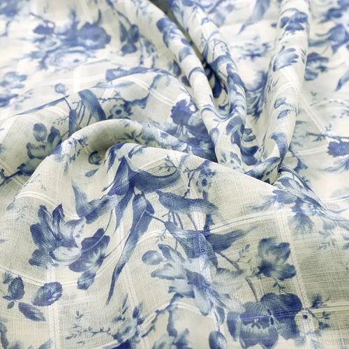 Gorgeous Linen Fabric Awash in Blue and Cream with Enchanting Floral and Leaves Print – 0l2a0440copy