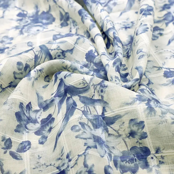 Gorgeous Linen Fabric Awash in Blue and Cream with Enchanting Floral and Leaves Print – 0l2a0440copy