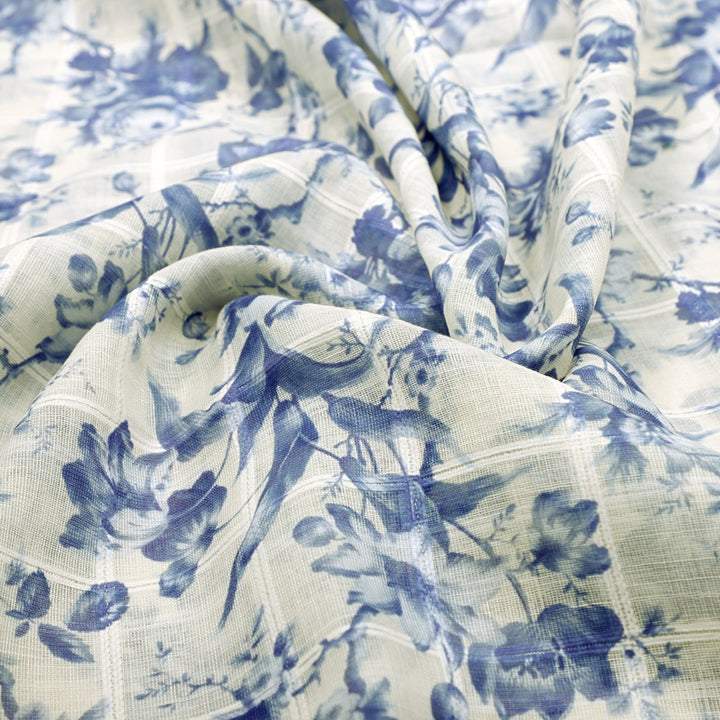 Gorgeous Linen Fabric Awash in Blue and Cream with Enchanting Floral and Leaves Print