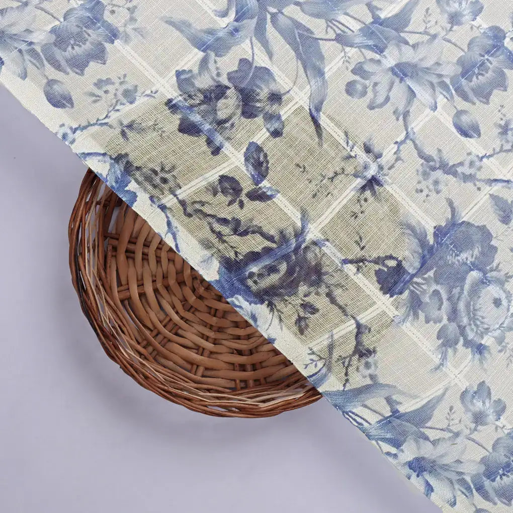 Gorgeous Linen Fabric Awash in Blue and Cream with Enchanting Floral and Leaves Print – 0l2a0441copy