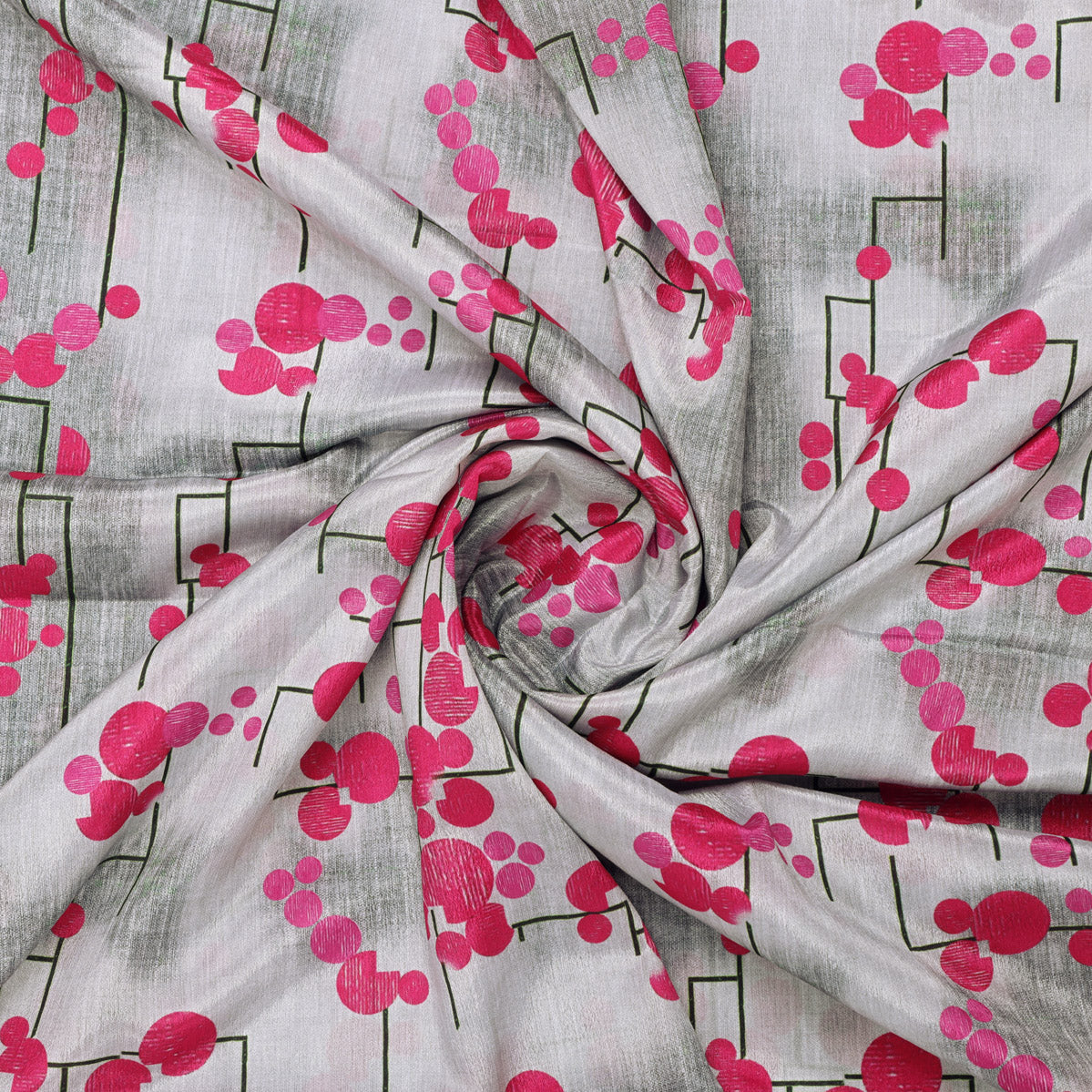Abstract Magenta Floral & Geometric Lines Chinon Fabric