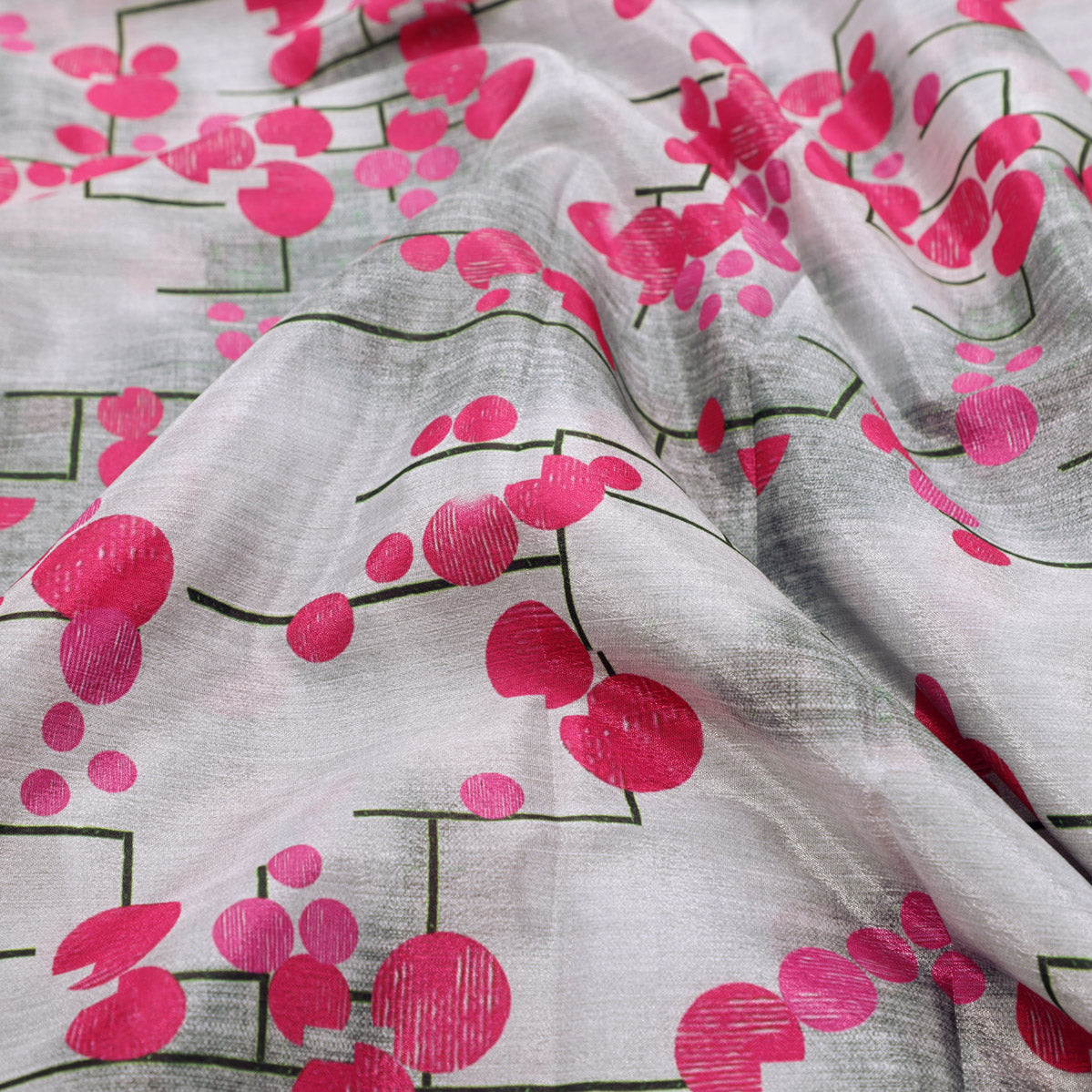Abstract Magenta Floral & Geometric Lines Chinon Fabric