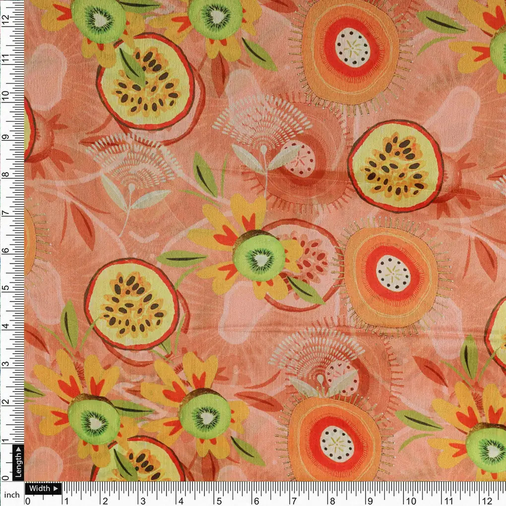 Tropical Kiwi & Passion Fruit Print Peach Chinon Fabric – 0l2a0523 copy