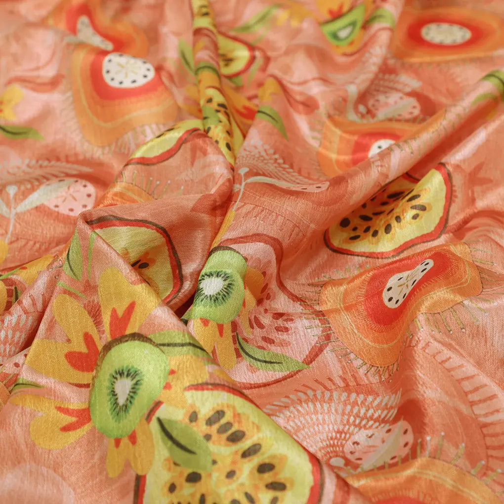Tropical Kiwi & Passion Fruit Print Peach Chinon Fabric – 0l2a0525 copy