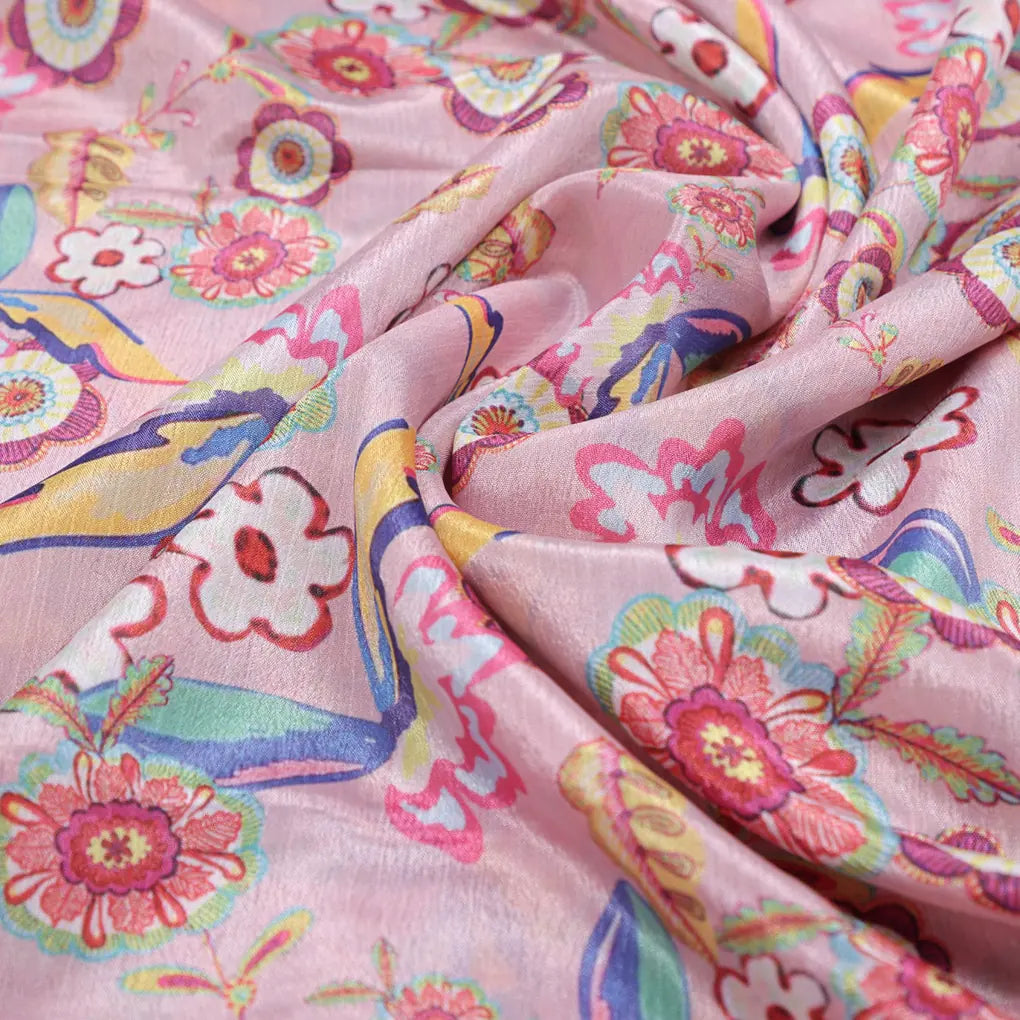 Pink Bohemian Floral & Bird Motif Printed Chinon Fabric – 0l2a0557 copy