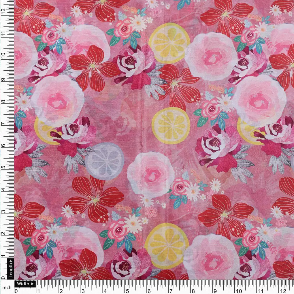 Pink Floral and Lemon Print Shimmery Chinon Fabric – 0l2a0626 copy