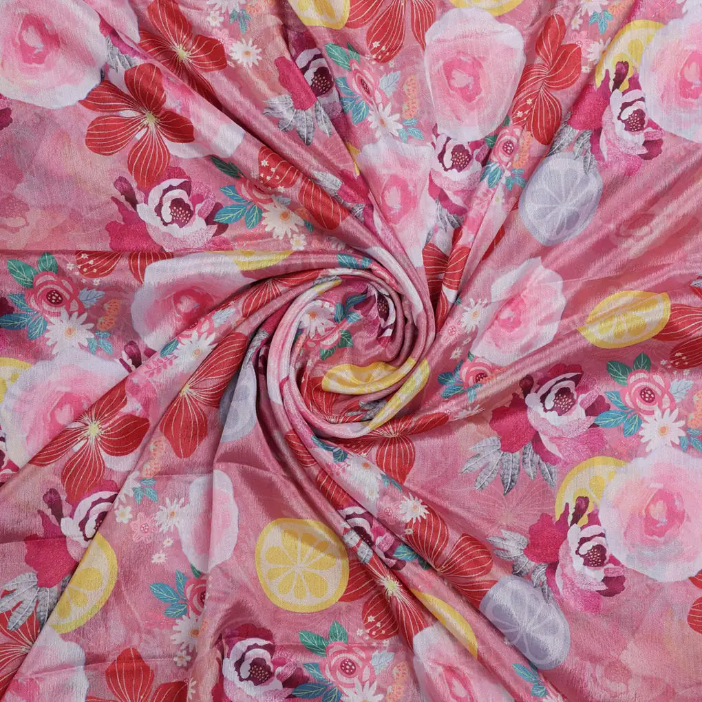 Pink Floral and Lemon Print Shimmery Chinon Fabric – 0l2a0627 copy