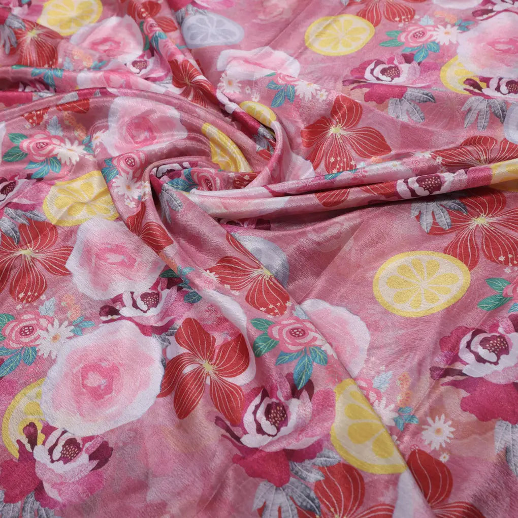 Pink Floral and Lemon Print Shimmery Chinon Fabric – 0l2a0628 copy