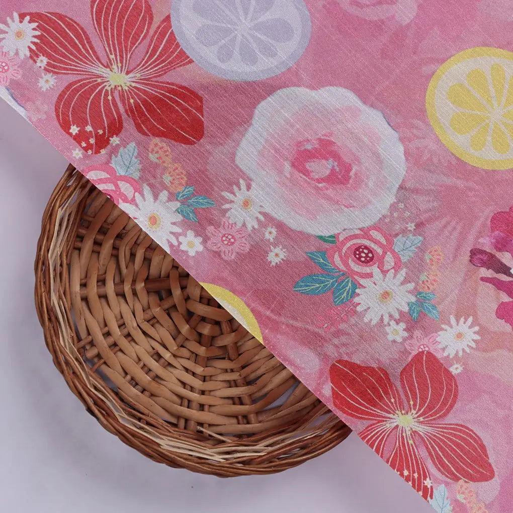 Pink Floral and Lemon Print Shimmery Chinon Fabric – 0l2a0629 copy