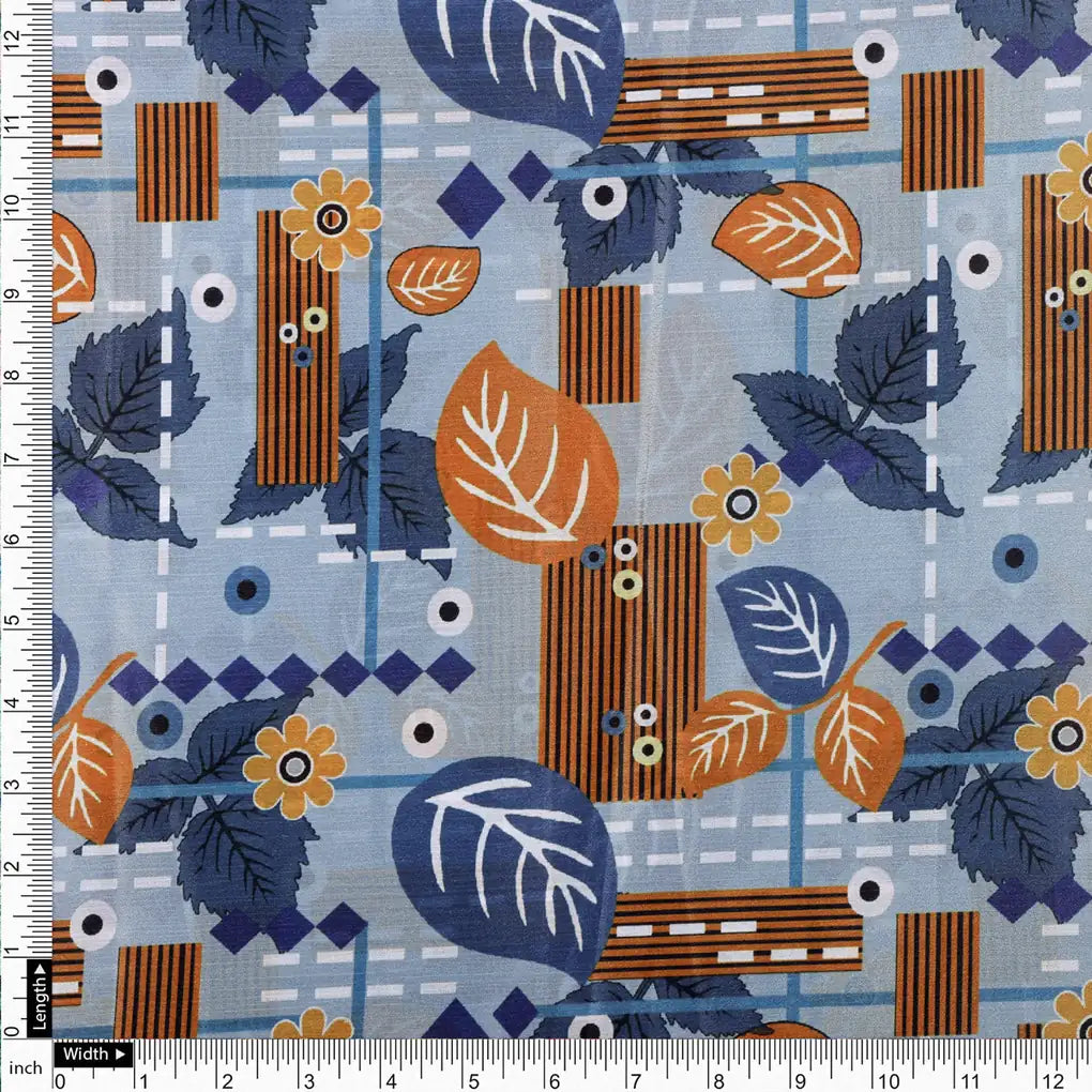 Blue & Orange Floral Geometric Abstract Chinon Fabric – 0l2a0706 copy