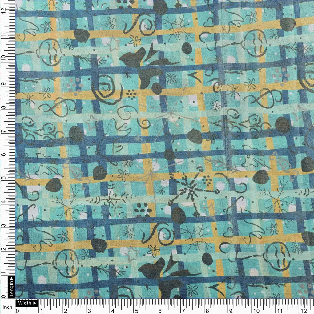 Turquoise & Gold Checkered Quirky Print Chinon Fabric – 0l2a0716 copy