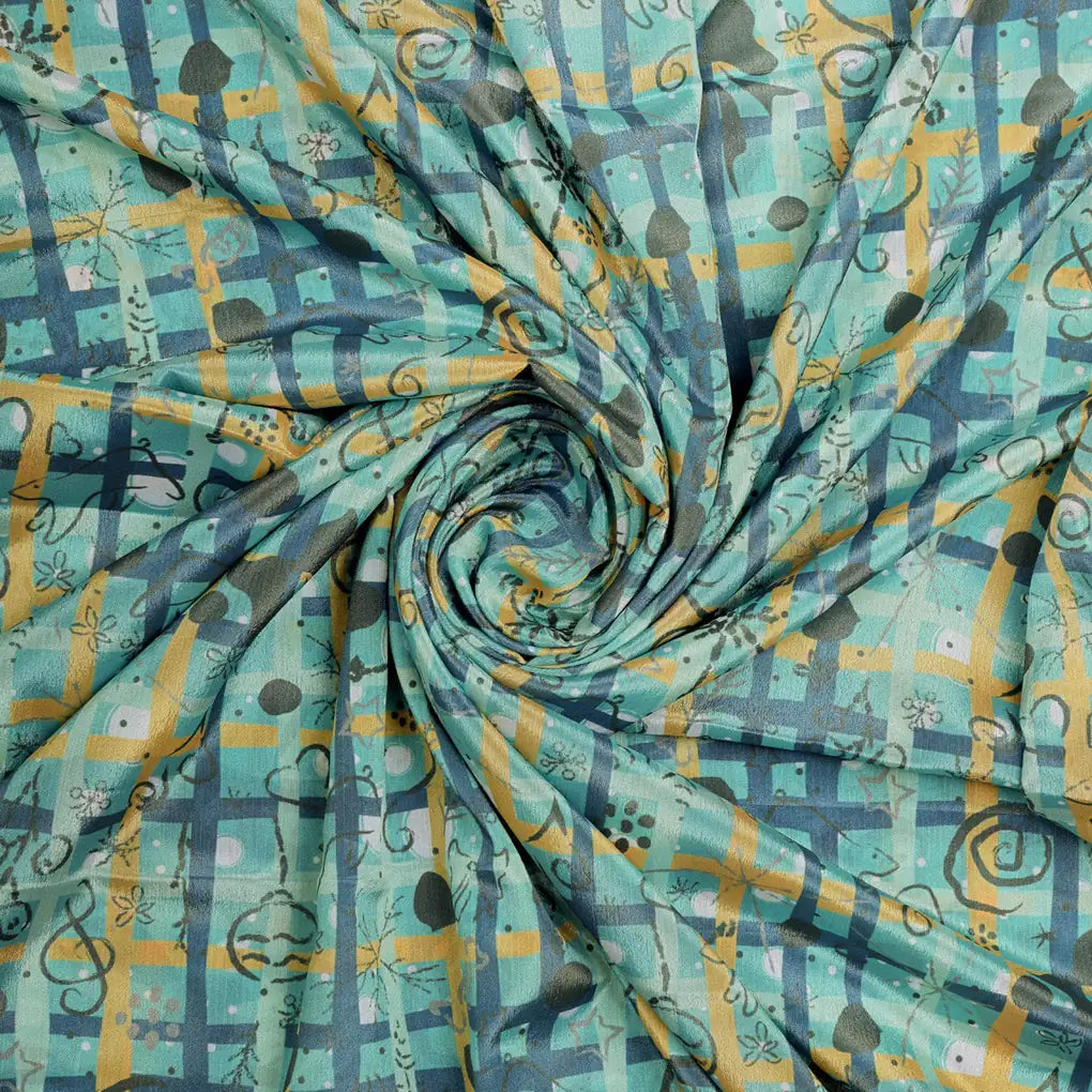 Turquoise & Gold Checkered Quirky Print Chinon Fabric – 0l2a0717 copy