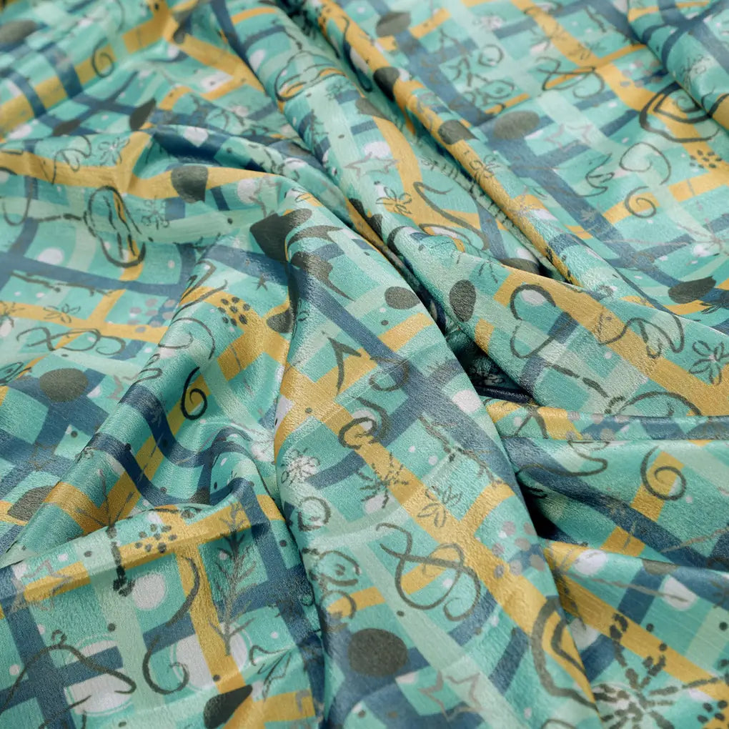 Turquoise & Gold Checkered Quirky Print Chinon Fabric – 0l2a0718 copy