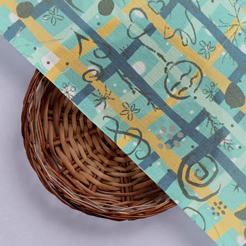 Turquoise & Gold Checkered Quirky Print Chinon Fabric – 0l2a0719 copy