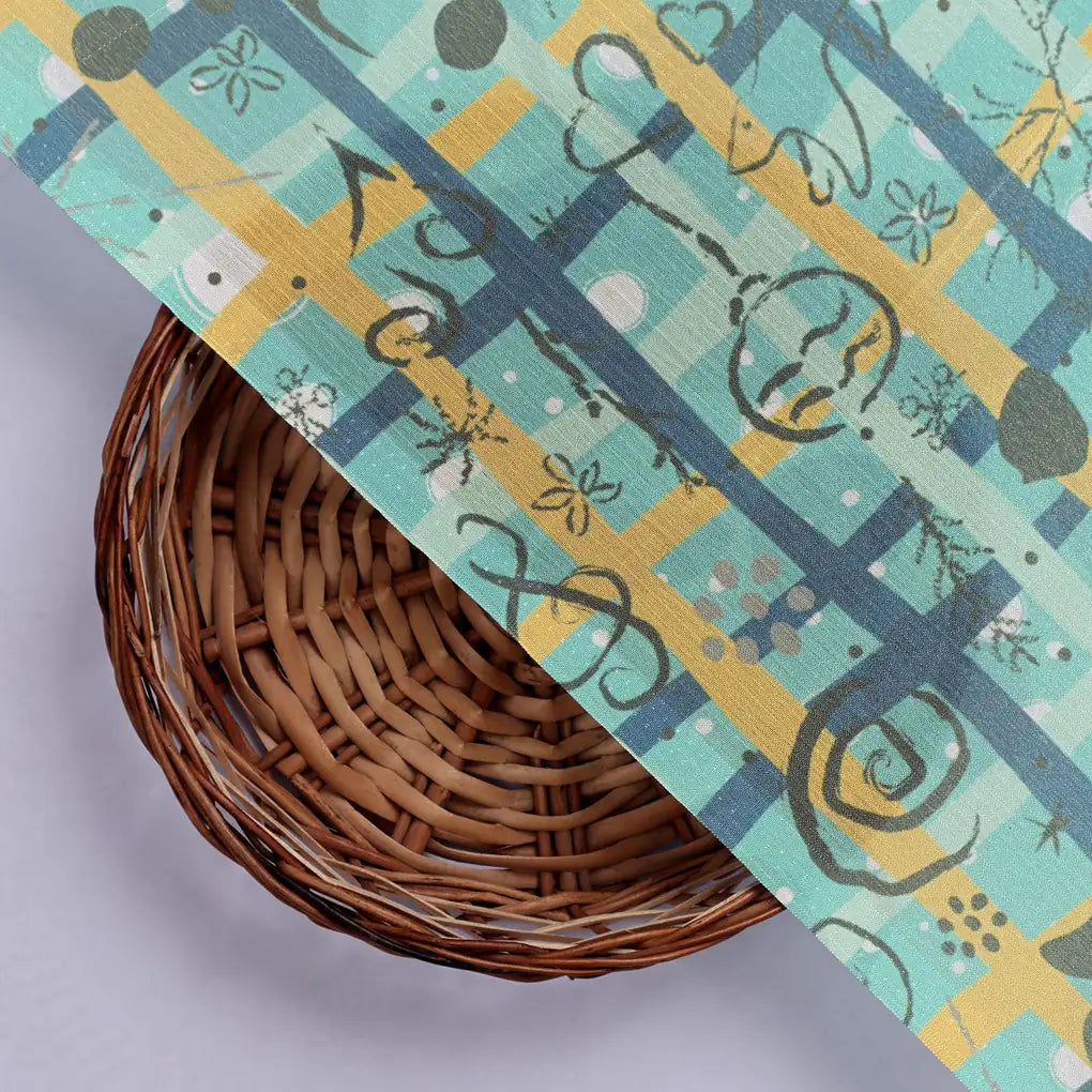 Turquoise & Gold Checkered Quirky Print Chinon Fabric – 0l2a0719 copy