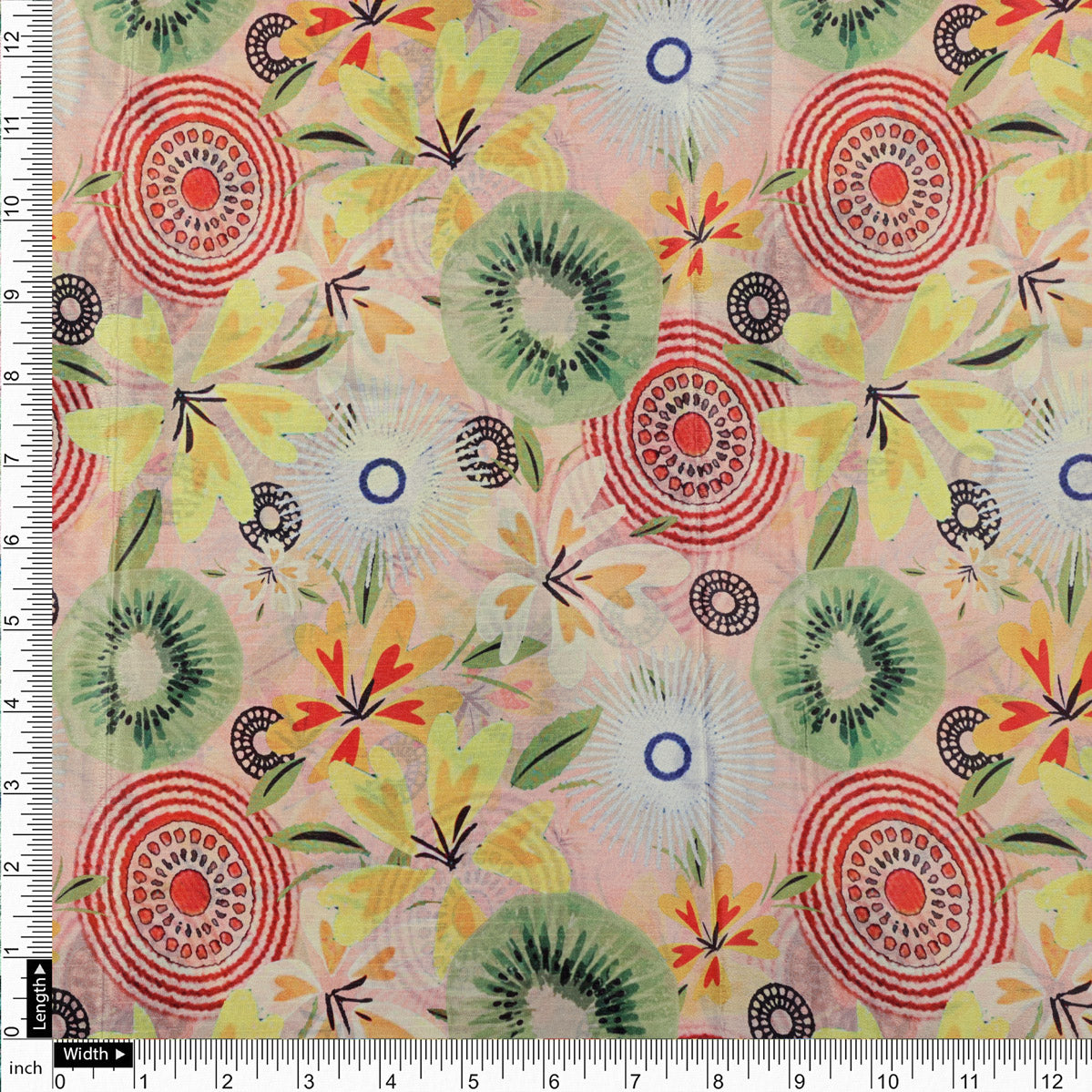 Peach & Green Bohemian Abstract Floral Chinon Fabric