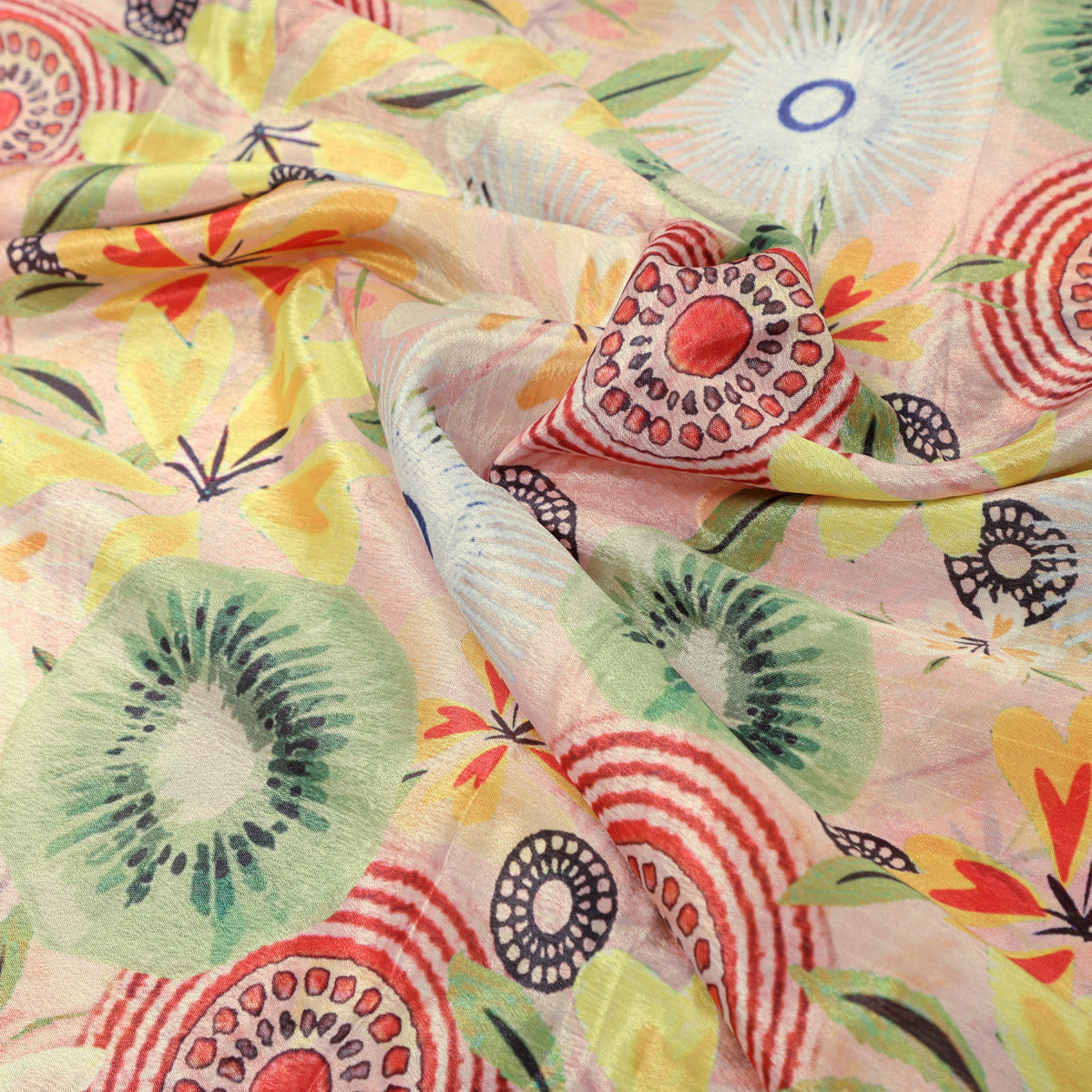 Peach & Green Bohemian Abstract Floral Chinon Fabric