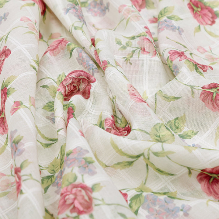 Gorgeous Linen Fabric in Pink Floral and Leaves Print