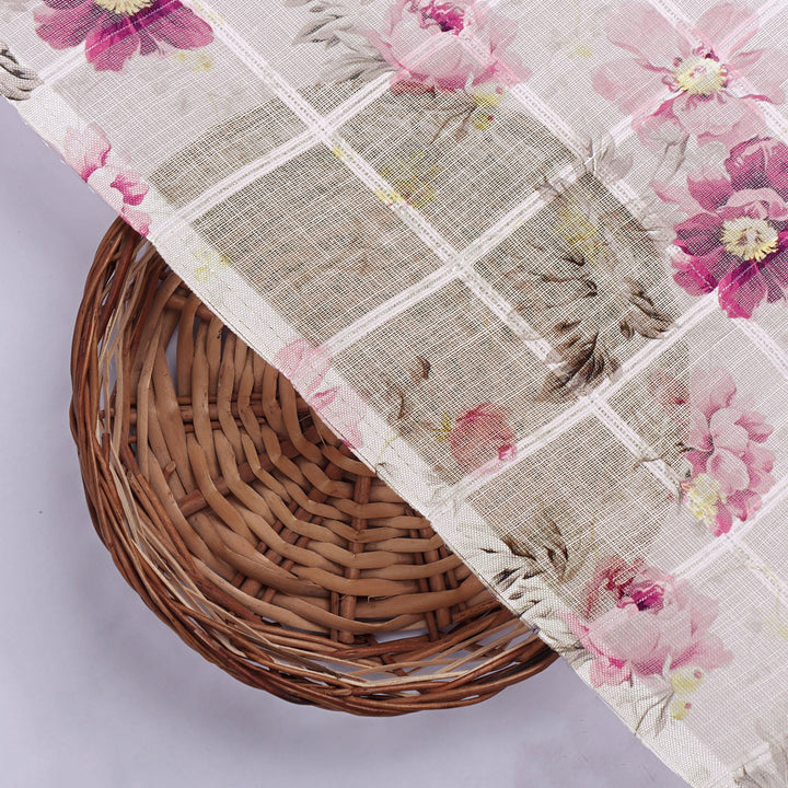 Captivating Linen Fabric Adorned with Wine and Pink Floral Design