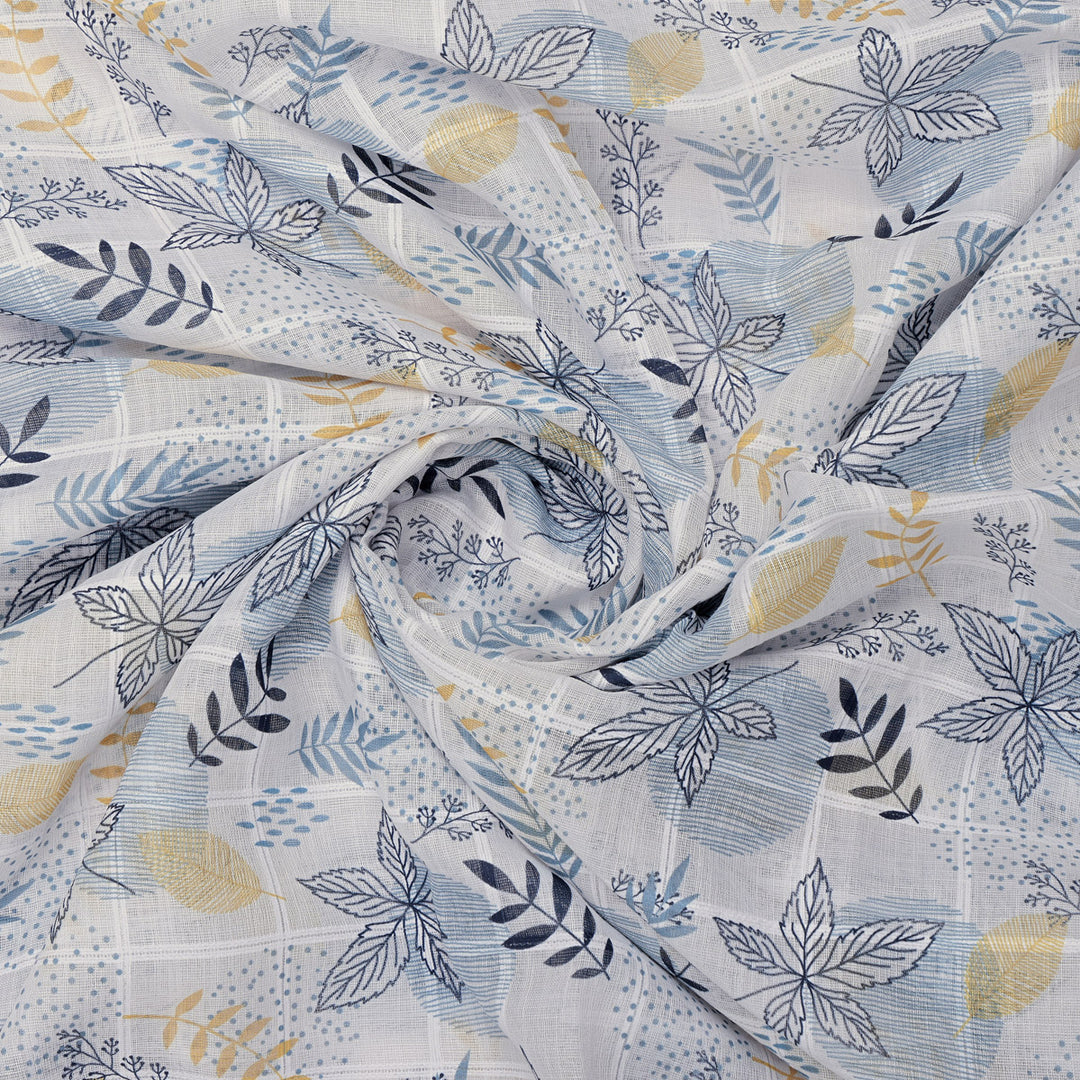 Stunning Linen Fabric Adorned with Vibrant Feathers and Leaves