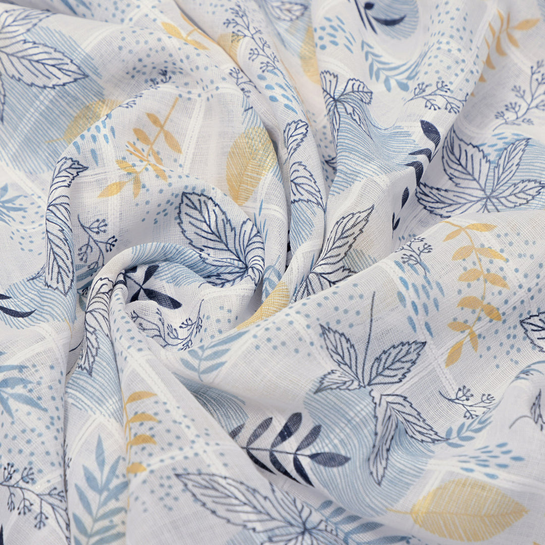 Stunning Linen Fabric Adorned with Vibrant Feathers and Leaves