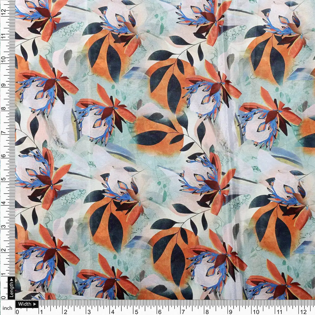 Artistic Floral & Leaf Print on Sea Green Chinon Fabric – 0l2a0966 copy