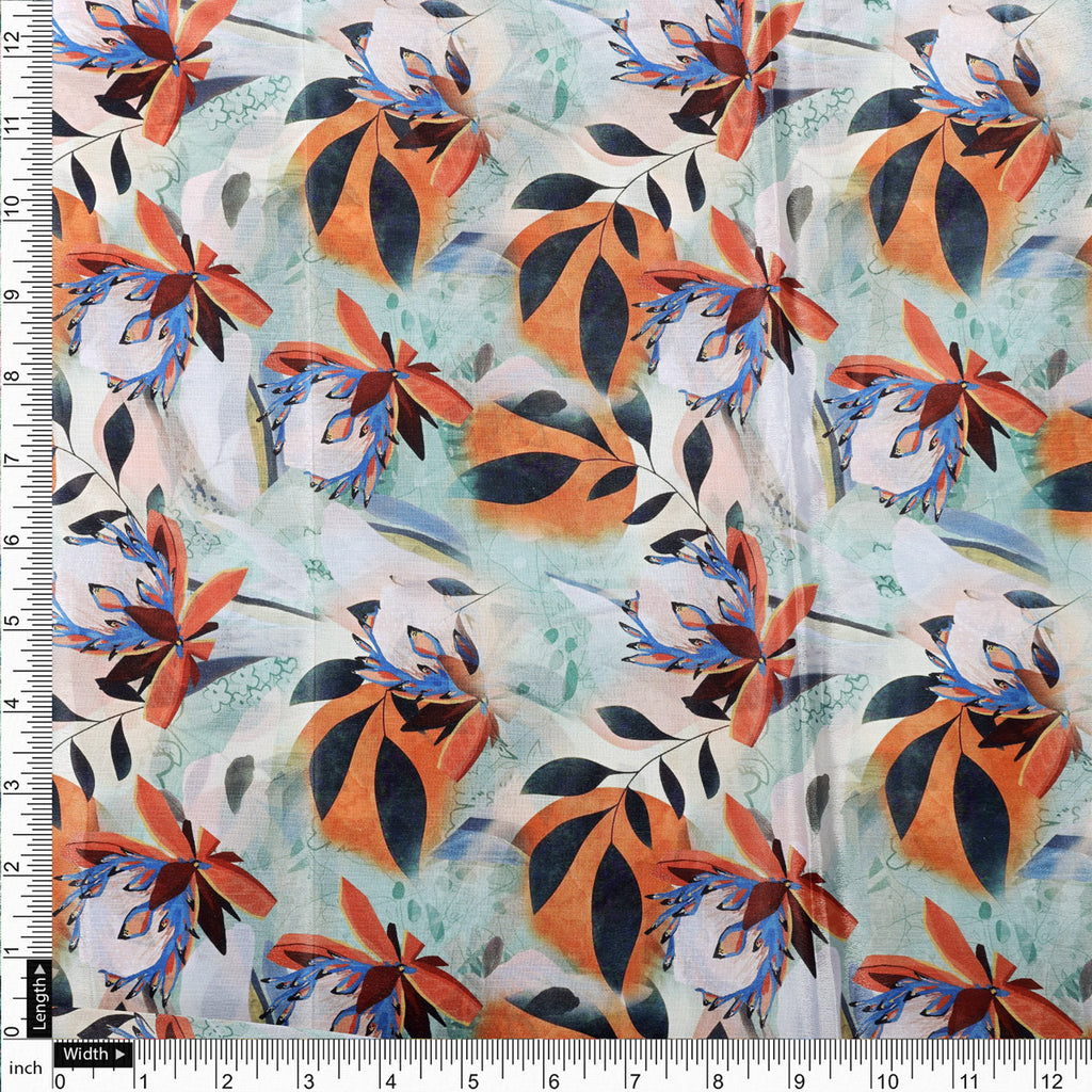 Artistic Floral & Leaf Print on Sea Green Chinon Fabric